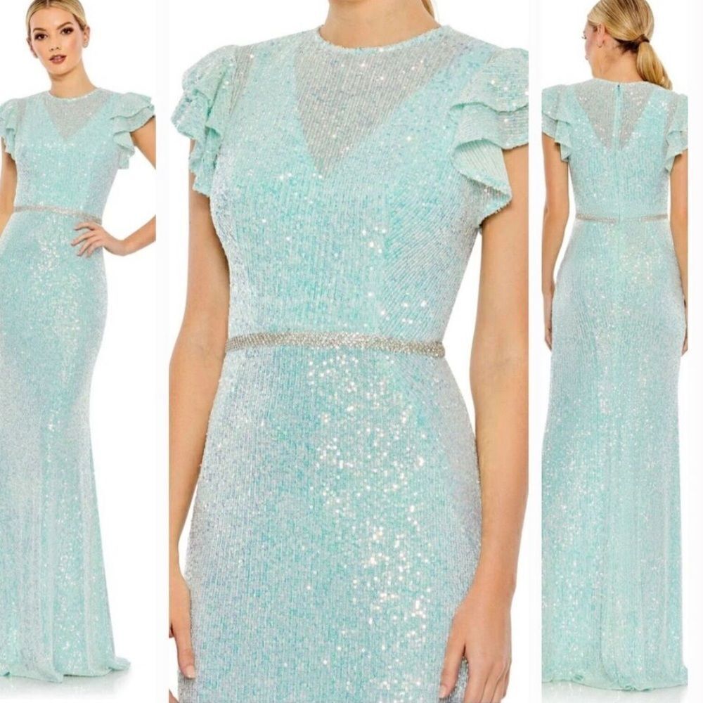 Mac Duggal 26942  Womens SEQUINED HIGH NECK FLUTTER SLEEVE GOWN Dress Blue